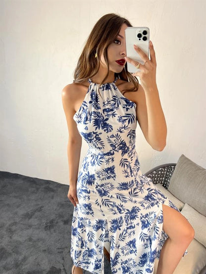 Patterned Blue and White Slit Women's Dress