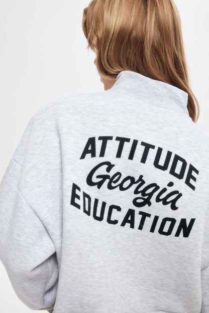 Georgia Sırt Baskılı Fermuar Kadın Crop Sweatshirt Gri