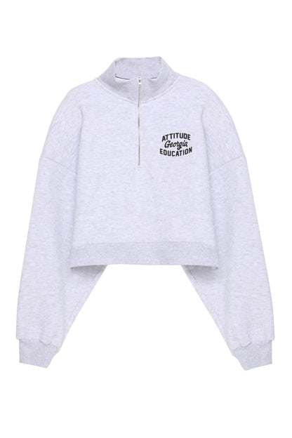 Georgia Sırt Baskılı Fermuar Kadın Crop Sweatshirt Gri - Momchi - MMSW0001