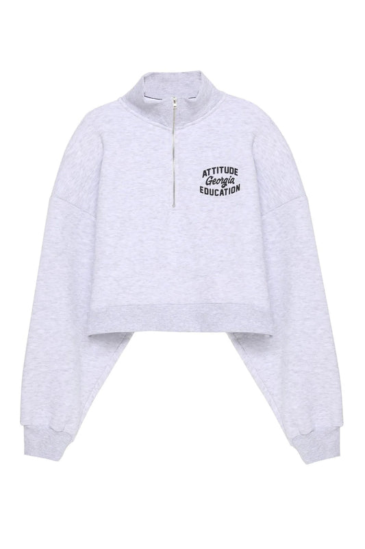 Georgia Sırt Baskılı Fermuar Kadın Crop Sweatshirt Gri - Momchi - MMSW0001