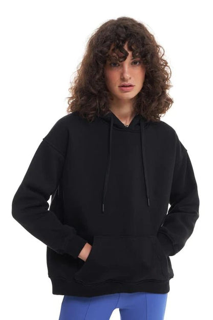 Kapüşonlu Oversize Kadın Sweatshirt Kanguru Cepli Siyah - Momchi -