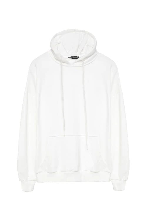 Kapüşonlu Oversize Kesim Kanguru Cepli Sweatshirt Beyaz - Momchi -